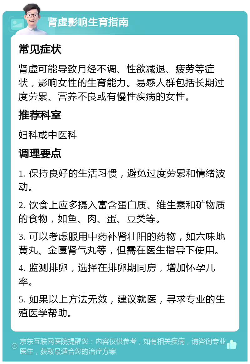 肾虚影响生育指南 常见症状 肾虚可能导致月经不调、性欲减退、疲劳等症状，影响女性的生育能力。易感人群包括长期过度劳累、营养不良或有慢性疾病的女性。 推荐科室 妇科或中医科 调理要点 1. 保持良好的生活习惯，避免过度劳累和情绪波动。 2. 饮食上应多摄入富含蛋白质、维生素和矿物质的食物，如鱼、肉、蛋、豆类等。 3. 可以考虑服用中药补肾壮阳的药物，如六味地黄丸、金匮肾气丸等，但需在医生指导下使用。 4. 监测排卵，选择在排卵期同房，增加怀孕几率。 5. 如果以上方法无效，建议就医，寻求专业的生殖医学帮助。