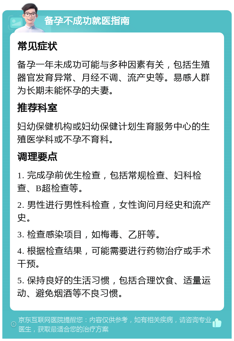 备孕不成功就医指南 常见症状 备孕一年未成功可能与多种因素有关，包括生殖器官发育异常、月经不调、流产史等。易感人群为长期未能怀孕的夫妻。 推荐科室 妇幼保健机构或妇幼保健计划生育服务中心的生殖医学科或不孕不育科。 调理要点 1. 完成孕前优生检查，包括常规检查、妇科检查、B超检查等。 2. 男性进行男性科检查，女性询问月经史和流产史。 3. 检查感染项目，如梅毒、乙肝等。 4. 根据检查结果，可能需要进行药物治疗或手术干预。 5. 保持良好的生活习惯，包括合理饮食、适量运动、避免烟酒等不良习惯。