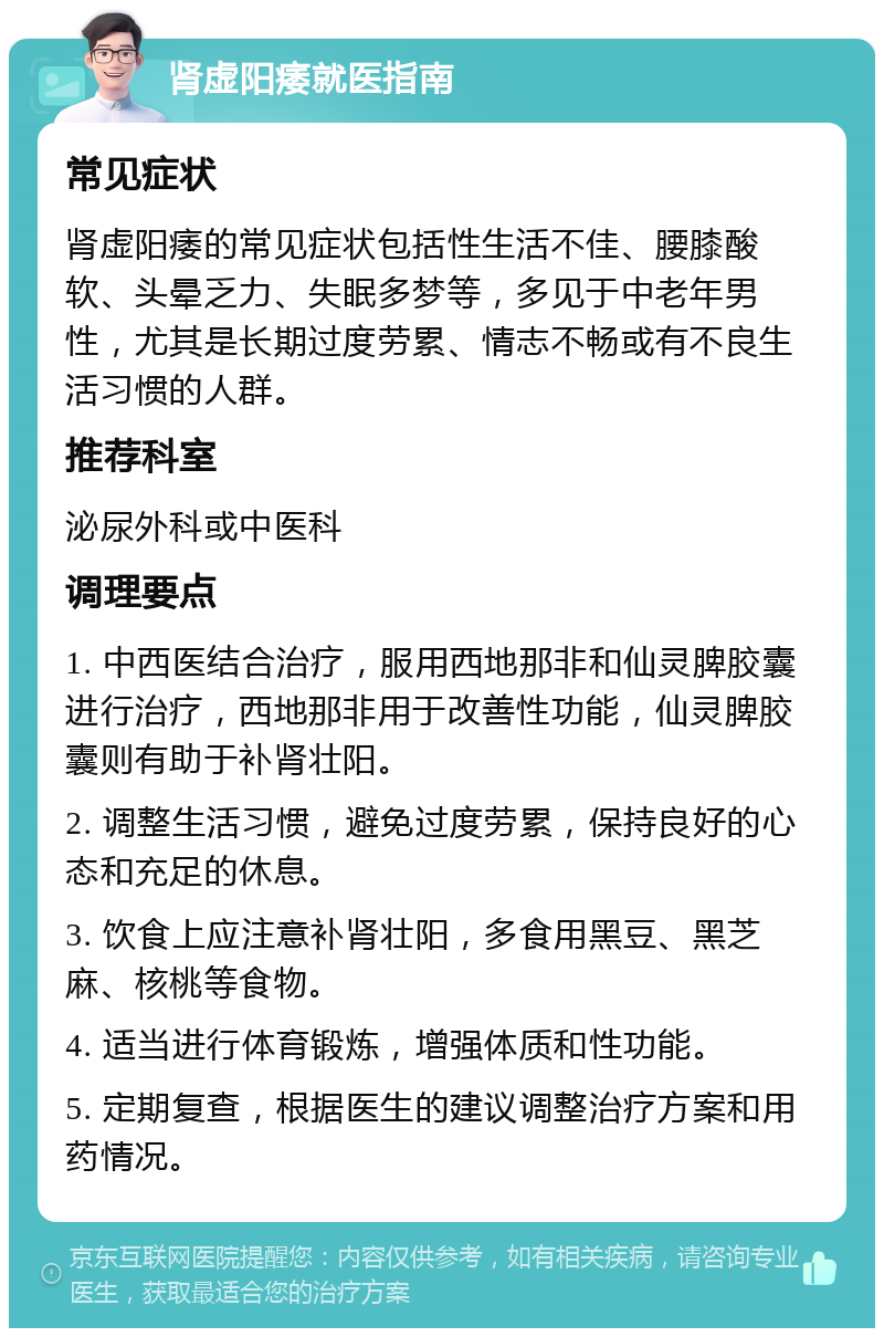 肾虚阳痿就医指南 常见症状 肾虚阳痿的常见症状包括性生活不佳、腰膝酸软、头晕乏力、失眠多梦等，多见于中老年男性，尤其是长期过度劳累、情志不畅或有不良生活习惯的人群。 推荐科室 泌尿外科或中医科 调理要点 1. 中西医结合治疗，服用西地那非和仙灵脾胶囊进行治疗，西地那非用于改善性功能，仙灵脾胶囊则有助于补肾壮阳。 2. 调整生活习惯，避免过度劳累，保持良好的心态和充足的休息。 3. 饮食上应注意补肾壮阳，多食用黑豆、黑芝麻、核桃等食物。 4. 适当进行体育锻炼，增强体质和性功能。 5. 定期复查，根据医生的建议调整治疗方案和用药情况。