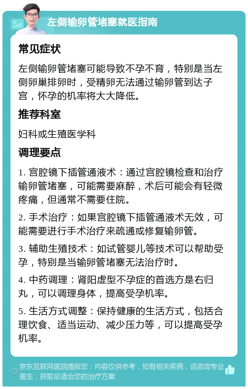 左侧输卵管堵塞就医指南 常见症状 左侧输卵管堵塞可能导致不孕不育，特别是当左侧卵巢排卵时，受精卵无法通过输卵管到达子宫，怀孕的机率将大大降低。 推荐科室 妇科或生殖医学科 调理要点 1. 宫腔镜下插管通液术：通过宫腔镜检查和治疗输卵管堵塞，可能需要麻醉，术后可能会有轻微疼痛，但通常不需要住院。 2. 手术治疗：如果宫腔镜下插管通液术无效，可能需要进行手术治疗来疏通或修复输卵管。 3. 辅助生殖技术：如试管婴儿等技术可以帮助受孕，特别是当输卵管堵塞无法治疗时。 4. 中药调理：肾阳虚型不孕症的首选方是右归丸，可以调理身体，提高受孕机率。 5. 生活方式调整：保持健康的生活方式，包括合理饮食、适当运动、减少压力等，可以提高受孕机率。