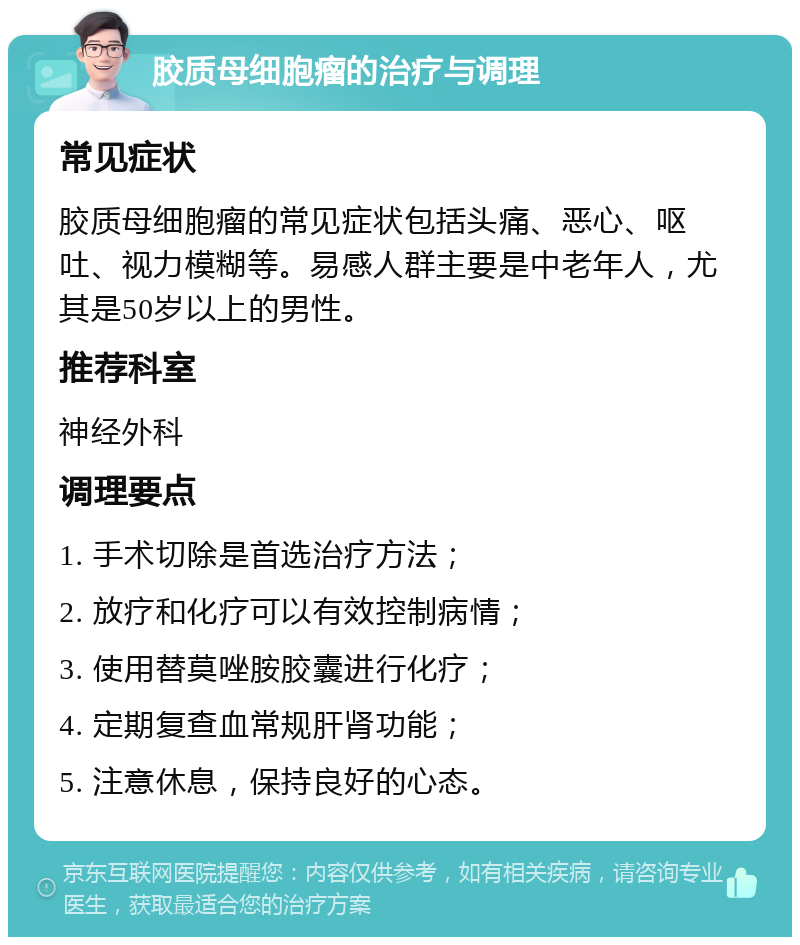 胶质母细胞瘤的治疗与调理 常见症状 胶质母细胞瘤的常见症状包括头痛、恶心、呕吐、视力模糊等。易感人群主要是中老年人，尤其是50岁以上的男性。 推荐科室 神经外科 调理要点 1. 手术切除是首选治疗方法； 2. 放疗和化疗可以有效控制病情； 3. 使用替莫唑胺胶囊进行化疗； 4. 定期复查血常规肝肾功能； 5. 注意休息，保持良好的心态。