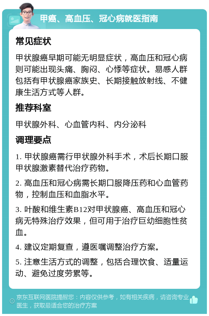 甲癌、高血压、冠心病就医指南 常见症状 甲状腺癌早期可能无明显症状，高血压和冠心病则可能出现头痛、胸闷、心悸等症状。易感人群包括有甲状腺癌家族史、长期接触放射线、不健康生活方式等人群。 推荐科室 甲状腺外科、心血管内科、内分泌科 调理要点 1. 甲状腺癌需行甲状腺外科手术，术后长期口服甲状腺激素替代治疗药物。 2. 高血压和冠心病需长期口服降压药和心血管药物，控制血压和血脂水平。 3. 叶酸和维生素B12对甲状腺癌、高血压和冠心病无特殊治疗效果，但可用于治疗巨幼细胞性贫血。 4. 建议定期复查，遵医嘱调整治疗方案。 5. 注意生活方式的调整，包括合理饮食、适量运动、避免过度劳累等。