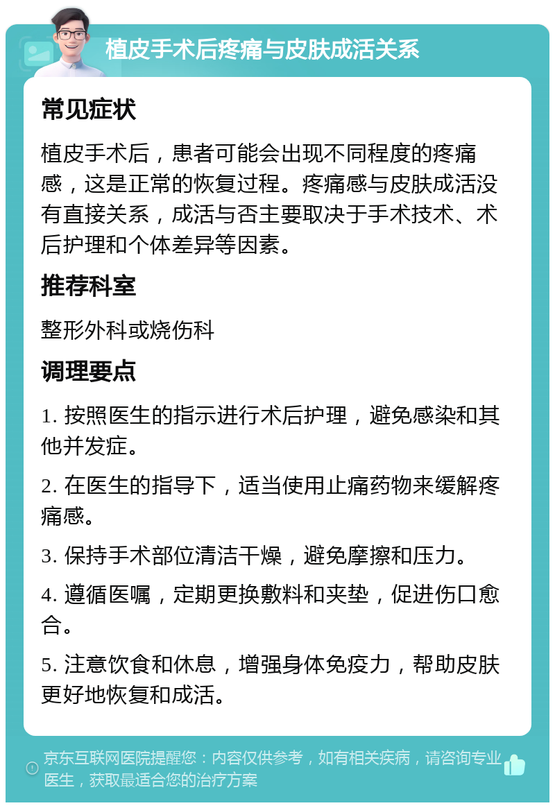 植皮手术后疼痛与皮肤成活关系 常见症状 植皮手术后，患者可能会出现不同程度的疼痛感，这是正常的恢复过程。疼痛感与皮肤成活没有直接关系，成活与否主要取决于手术技术、术后护理和个体差异等因素。 推荐科室 整形外科或烧伤科 调理要点 1. 按照医生的指示进行术后护理，避免感染和其他并发症。 2. 在医生的指导下，适当使用止痛药物来缓解疼痛感。 3. 保持手术部位清洁干燥，避免摩擦和压力。 4. 遵循医嘱，定期更换敷料和夹垫，促进伤口愈合。 5. 注意饮食和休息，增强身体免疫力，帮助皮肤更好地恢复和成活。