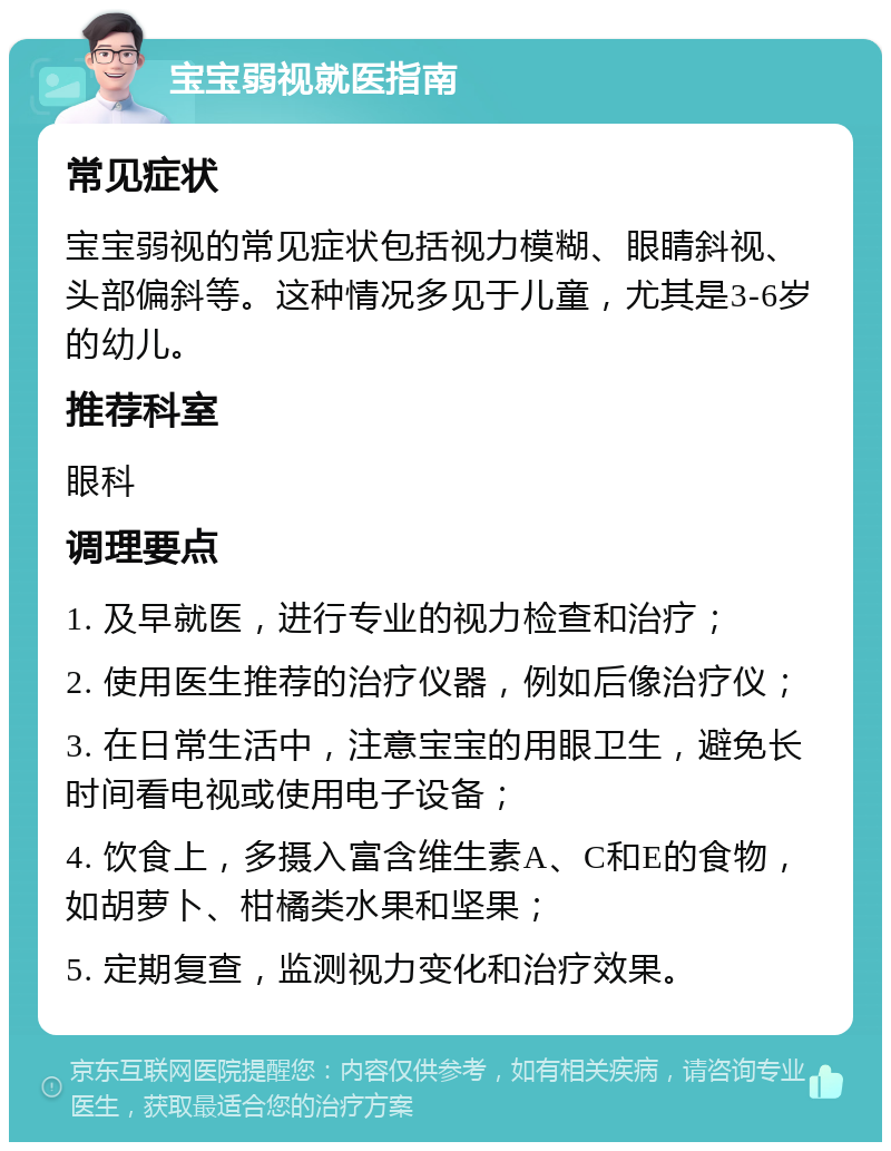 宝宝弱视就医指南 常见症状 宝宝弱视的常见症状包括视力模糊、眼睛斜视、头部偏斜等。这种情况多见于儿童，尤其是3-6岁的幼儿。 推荐科室 眼科 调理要点 1. 及早就医，进行专业的视力检查和治疗； 2. 使用医生推荐的治疗仪器，例如后像治疗仪； 3. 在日常生活中，注意宝宝的用眼卫生，避免长时间看电视或使用电子设备； 4. 饮食上，多摄入富含维生素A、C和E的食物，如胡萝卜、柑橘类水果和坚果； 5. 定期复查，监测视力变化和治疗效果。