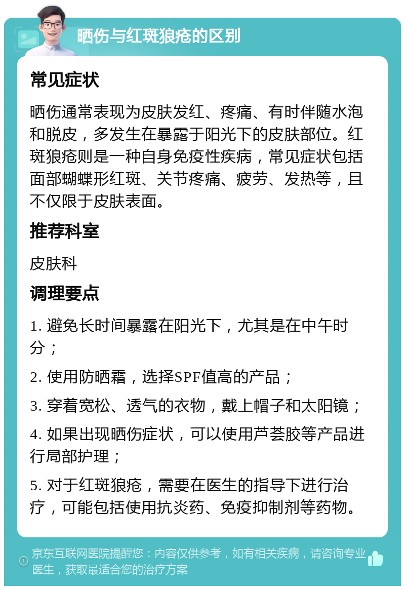 晒伤与红斑狼疮的区别 常见症状 晒伤通常表现为皮肤发红、疼痛、有时伴随水泡和脱皮，多发生在暴露于阳光下的皮肤部位。红斑狼疮则是一种自身免疫性疾病，常见症状包括面部蝴蝶形红斑、关节疼痛、疲劳、发热等，且不仅限于皮肤表面。 推荐科室 皮肤科 调理要点 1. 避免长时间暴露在阳光下，尤其是在中午时分； 2. 使用防晒霜，选择SPF值高的产品； 3. 穿着宽松、透气的衣物，戴上帽子和太阳镜； 4. 如果出现晒伤症状，可以使用芦荟胶等产品进行局部护理； 5. 对于红斑狼疮，需要在医生的指导下进行治疗，可能包括使用抗炎药、免疫抑制剂等药物。