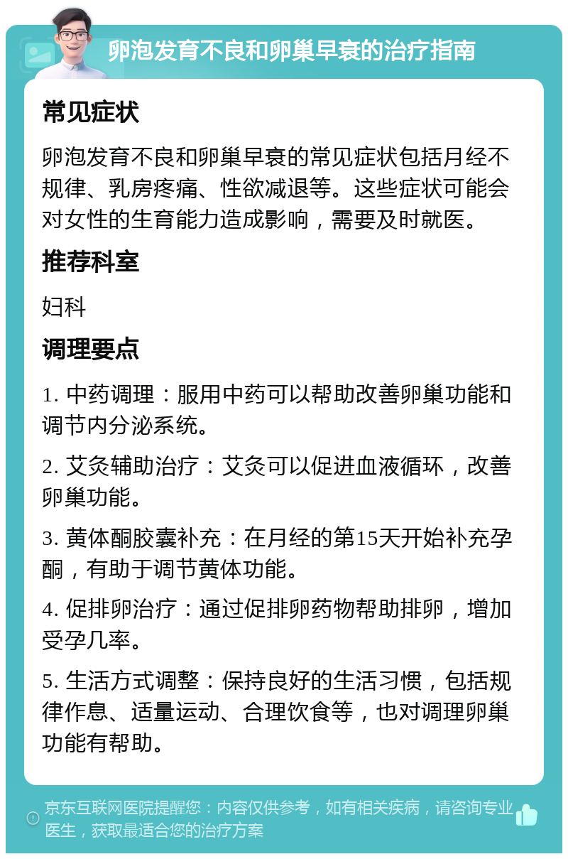 卵泡发育不良和卵巢早衰的治疗指南 常见症状 卵泡发育不良和卵巢早衰的常见症状包括月经不规律、乳房疼痛、性欲减退等。这些症状可能会对女性的生育能力造成影响，需要及时就医。 推荐科室 妇科 调理要点 1. 中药调理：服用中药可以帮助改善卵巢功能和调节内分泌系统。 2. 艾灸辅助治疗：艾灸可以促进血液循环，改善卵巢功能。 3. 黄体酮胶囊补充：在月经的第15天开始补充孕酮，有助于调节黄体功能。 4. 促排卵治疗：通过促排卵药物帮助排卵，增加受孕几率。 5. 生活方式调整：保持良好的生活习惯，包括规律作息、适量运动、合理饮食等，也对调理卵巢功能有帮助。