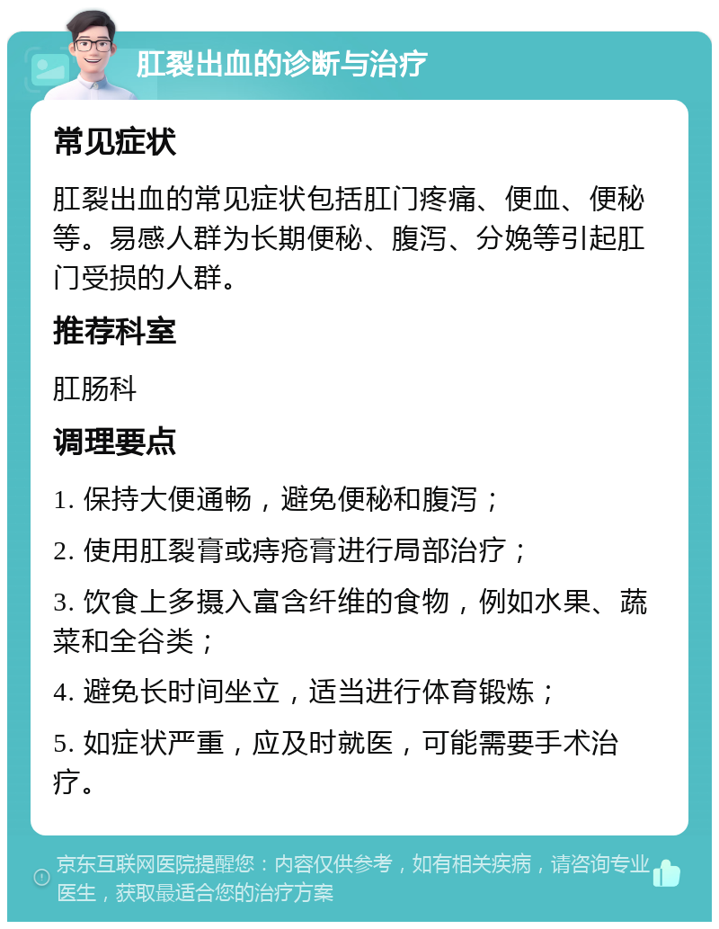 肛裂出血的诊断与治疗 常见症状 肛裂出血的常见症状包括肛门疼痛、便血、便秘等。易感人群为长期便秘、腹泻、分娩等引起肛门受损的人群。 推荐科室 肛肠科 调理要点 1. 保持大便通畅，避免便秘和腹泻； 2. 使用肛裂膏或痔疮膏进行局部治疗； 3. 饮食上多摄入富含纤维的食物，例如水果、蔬菜和全谷类； 4. 避免长时间坐立，适当进行体育锻炼； 5. 如症状严重，应及时就医，可能需要手术治疗。