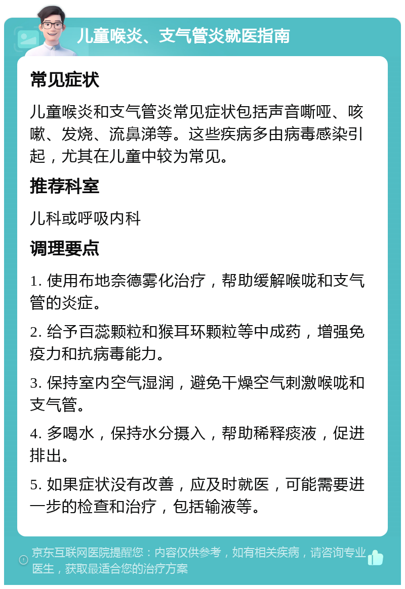 儿童喉炎、支气管炎就医指南 常见症状 儿童喉炎和支气管炎常见症状包括声音嘶哑、咳嗽、发烧、流鼻涕等。这些疾病多由病毒感染引起，尤其在儿童中较为常见。 推荐科室 儿科或呼吸内科 调理要点 1. 使用布地奈德雾化治疗，帮助缓解喉咙和支气管的炎症。 2. 给予百蕊颗粒和猴耳环颗粒等中成药，增强免疫力和抗病毒能力。 3. 保持室内空气湿润，避免干燥空气刺激喉咙和支气管。 4. 多喝水，保持水分摄入，帮助稀释痰液，促进排出。 5. 如果症状没有改善，应及时就医，可能需要进一步的检查和治疗，包括输液等。