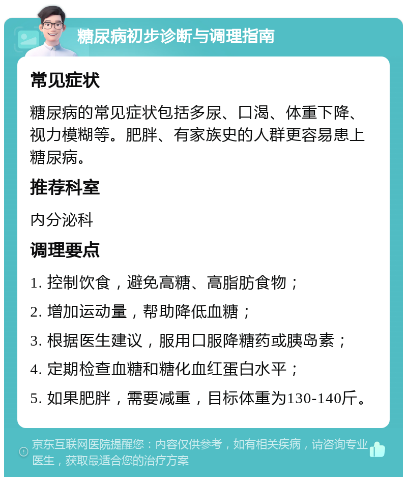 糖尿病初步诊断与调理指南 常见症状 糖尿病的常见症状包括多尿、口渴、体重下降、视力模糊等。肥胖、有家族史的人群更容易患上糖尿病。 推荐科室 内分泌科 调理要点 1. 控制饮食，避免高糖、高脂肪食物； 2. 增加运动量，帮助降低血糖； 3. 根据医生建议，服用口服降糖药或胰岛素； 4. 定期检查血糖和糖化血红蛋白水平； 5. 如果肥胖，需要减重，目标体重为130-140斤。