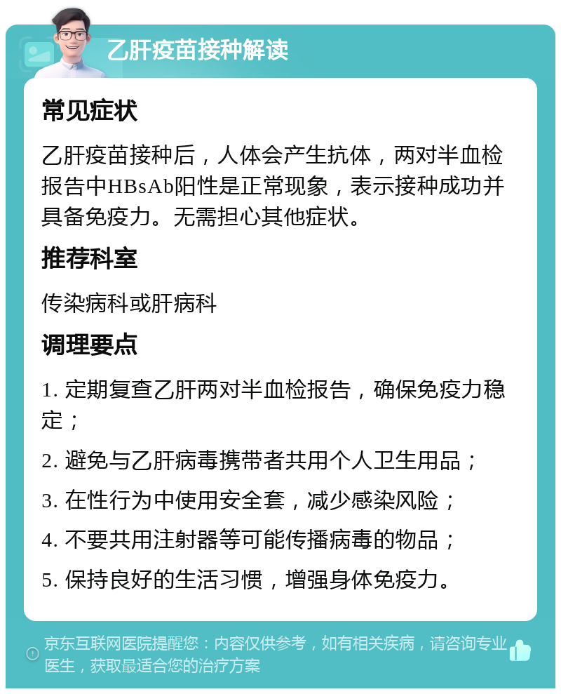 乙肝疫苗接种解读 常见症状 乙肝疫苗接种后，人体会产生抗体，两对半血检报告中HBsAb阳性是正常现象，表示接种成功并具备免疫力。无需担心其他症状。 推荐科室 传染病科或肝病科 调理要点 1. 定期复查乙肝两对半血检报告，确保免疫力稳定； 2. 避免与乙肝病毒携带者共用个人卫生用品； 3. 在性行为中使用安全套，减少感染风险； 4. 不要共用注射器等可能传播病毒的物品； 5. 保持良好的生活习惯，增强身体免疫力。