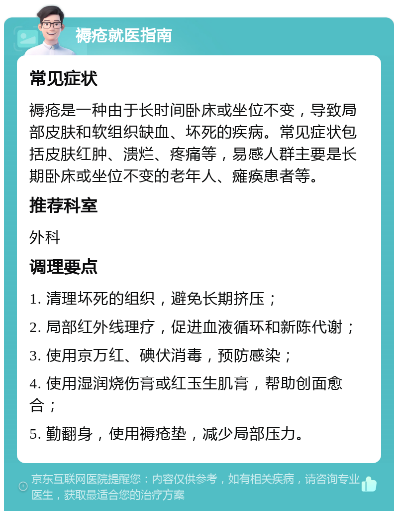 褥疮就医指南 常见症状 褥疮是一种由于长时间卧床或坐位不变，导致局部皮肤和软组织缺血、坏死的疾病。常见症状包括皮肤红肿、溃烂、疼痛等，易感人群主要是长期卧床或坐位不变的老年人、瘫痪患者等。 推荐科室 外科 调理要点 1. 清理坏死的组织，避免长期挤压； 2. 局部红外线理疗，促进血液循环和新陈代谢； 3. 使用京万红、碘伏消毒，预防感染； 4. 使用湿润烧伤膏或红玉生肌膏，帮助创面愈合； 5. 勤翻身，使用褥疮垫，减少局部压力。