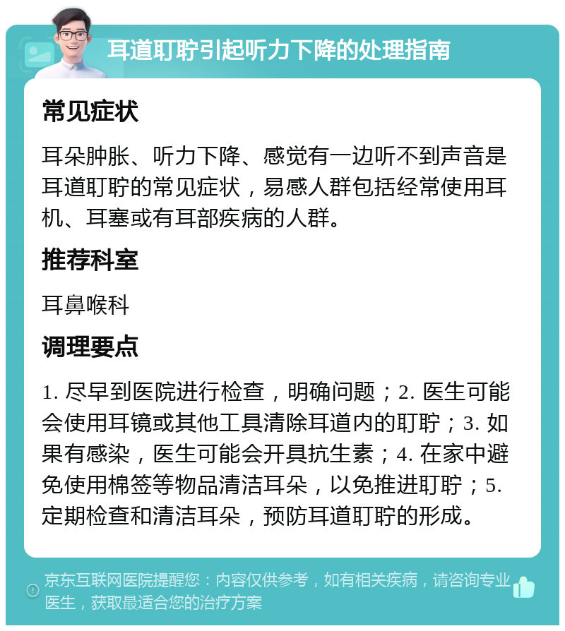 耳道耵聍引起听力下降的处理指南 常见症状 耳朵肿胀、听力下降、感觉有一边听不到声音是耳道耵聍的常见症状，易感人群包括经常使用耳机、耳塞或有耳部疾病的人群。 推荐科室 耳鼻喉科 调理要点 1. 尽早到医院进行检查，明确问题；2. 医生可能会使用耳镜或其他工具清除耳道内的耵聍；3. 如果有感染，医生可能会开具抗生素；4. 在家中避免使用棉签等物品清洁耳朵，以免推进耵聍；5. 定期检查和清洁耳朵，预防耳道耵聍的形成。