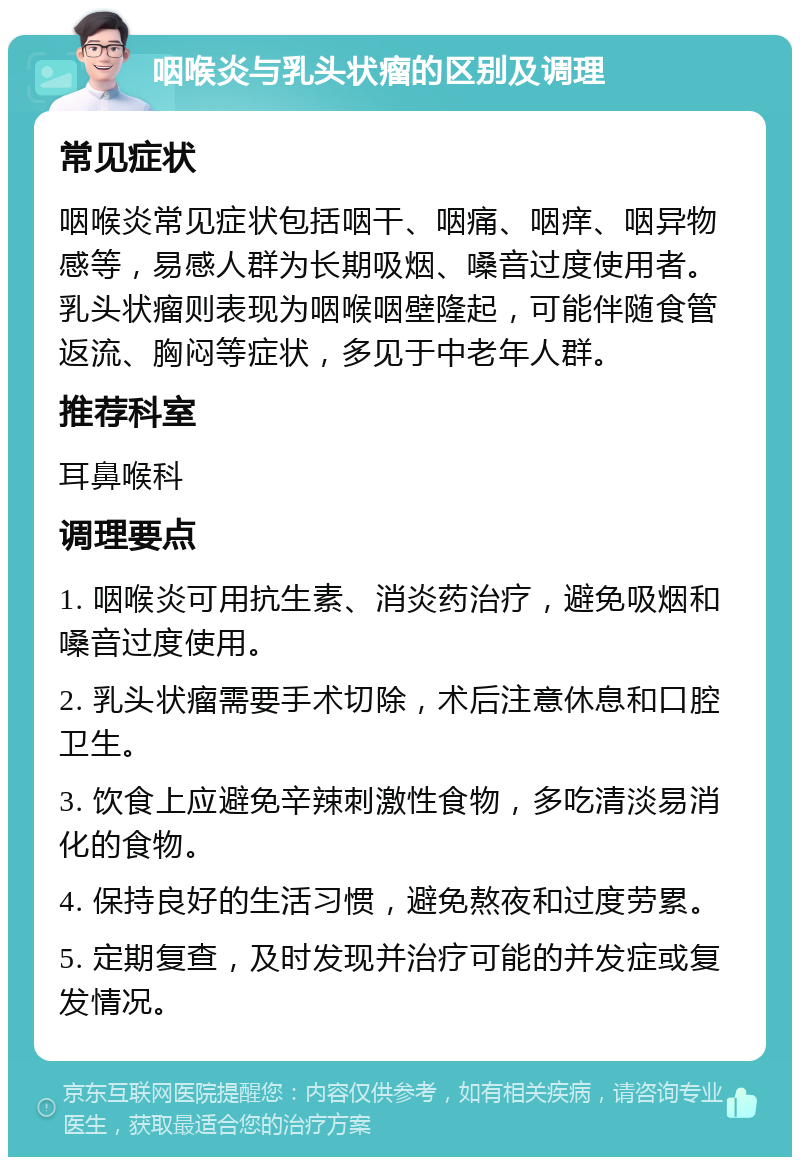 咽喉炎与乳头状瘤的区别及调理 常见症状 咽喉炎常见症状包括咽干、咽痛、咽痒、咽异物感等，易感人群为长期吸烟、嗓音过度使用者。乳头状瘤则表现为咽喉咽壁隆起，可能伴随食管返流、胸闷等症状，多见于中老年人群。 推荐科室 耳鼻喉科 调理要点 1. 咽喉炎可用抗生素、消炎药治疗，避免吸烟和嗓音过度使用。 2. 乳头状瘤需要手术切除，术后注意休息和口腔卫生。 3. 饮食上应避免辛辣刺激性食物，多吃清淡易消化的食物。 4. 保持良好的生活习惯，避免熬夜和过度劳累。 5. 定期复查，及时发现并治疗可能的并发症或复发情况。