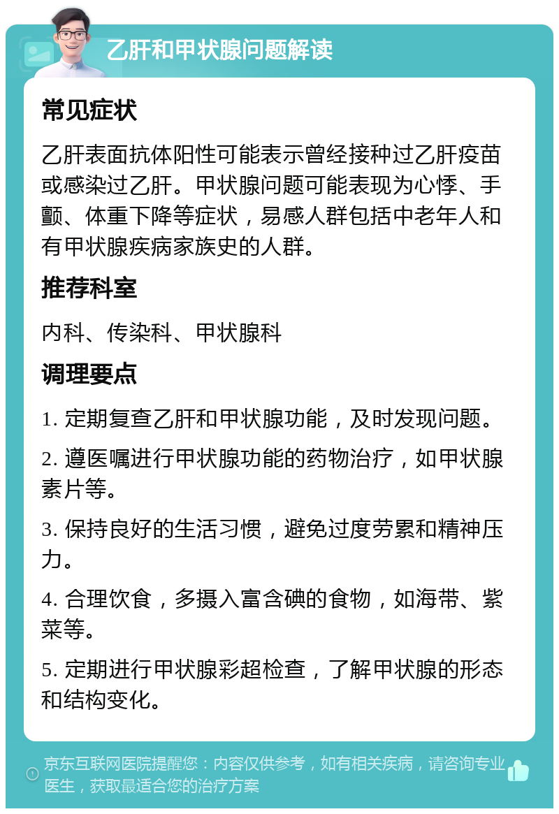 乙肝和甲状腺问题解读 常见症状 乙肝表面抗体阳性可能表示曾经接种过乙肝疫苗或感染过乙肝。甲状腺问题可能表现为心悸、手颤、体重下降等症状，易感人群包括中老年人和有甲状腺疾病家族史的人群。 推荐科室 内科、传染科、甲状腺科 调理要点 1. 定期复查乙肝和甲状腺功能，及时发现问题。 2. 遵医嘱进行甲状腺功能的药物治疗，如甲状腺素片等。 3. 保持良好的生活习惯，避免过度劳累和精神压力。 4. 合理饮食，多摄入富含碘的食物，如海带、紫菜等。 5. 定期进行甲状腺彩超检查，了解甲状腺的形态和结构变化。