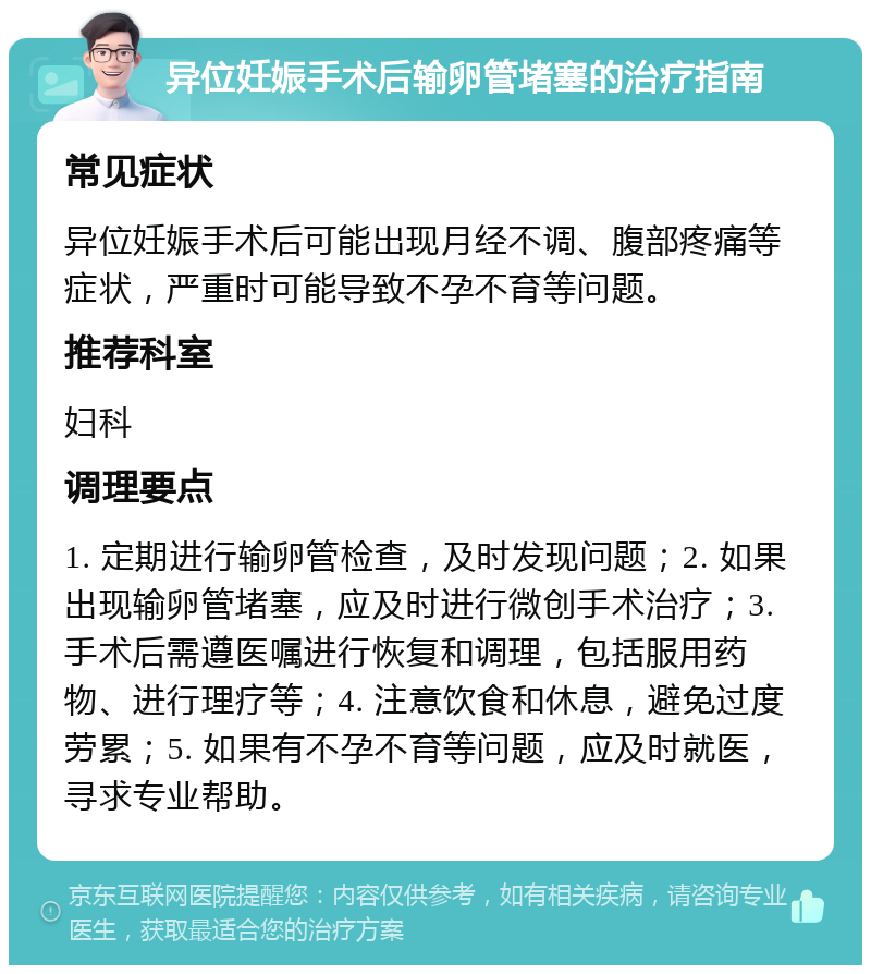 异位妊娠手术后输卵管堵塞的治疗指南 常见症状 异位妊娠手术后可能出现月经不调、腹部疼痛等症状，严重时可能导致不孕不育等问题。 推荐科室 妇科 调理要点 1. 定期进行输卵管检查，及时发现问题；2. 如果出现输卵管堵塞，应及时进行微创手术治疗；3. 手术后需遵医嘱进行恢复和调理，包括服用药物、进行理疗等；4. 注意饮食和休息，避免过度劳累；5. 如果有不孕不育等问题，应及时就医，寻求专业帮助。