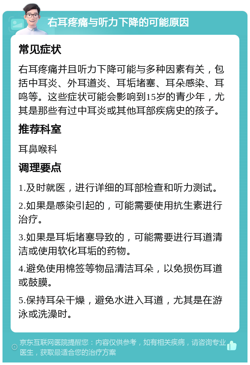 右耳疼痛与听力下降的可能原因 常见症状 右耳疼痛并且听力下降可能与多种因素有关，包括中耳炎、外耳道炎、耳垢堵塞、耳朵感染、耳鸣等。这些症状可能会影响到15岁的青少年，尤其是那些有过中耳炎或其他耳部疾病史的孩子。 推荐科室 耳鼻喉科 调理要点 1.及时就医，进行详细的耳部检查和听力测试。 2.如果是感染引起的，可能需要使用抗生素进行治疗。 3.如果是耳垢堵塞导致的，可能需要进行耳道清洁或使用软化耳垢的药物。 4.避免使用棉签等物品清洁耳朵，以免损伤耳道或鼓膜。 5.保持耳朵干燥，避免水进入耳道，尤其是在游泳或洗澡时。