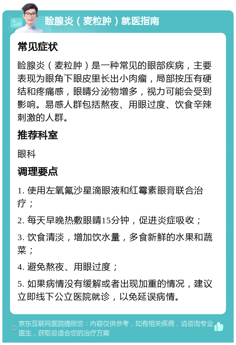 睑腺炎（麦粒肿）就医指南 常见症状 睑腺炎（麦粒肿）是一种常见的眼部疾病，主要表现为眼角下眼皮里长出小肉瘤，局部按压有硬结和疼痛感，眼睛分泌物增多，视力可能会受到影响。易感人群包括熬夜、用眼过度、饮食辛辣刺激的人群。 推荐科室 眼科 调理要点 1. 使用左氧氟沙星滴眼液和红霉素眼膏联合治疗； 2. 每天早晚热敷眼睛15分钟，促进炎症吸收； 3. 饮食清淡，增加饮水量，多食新鲜的水果和蔬菜； 4. 避免熬夜、用眼过度； 5. 如果病情没有缓解或者出现加重的情况，建议立即线下公立医院就诊，以免延误病情。