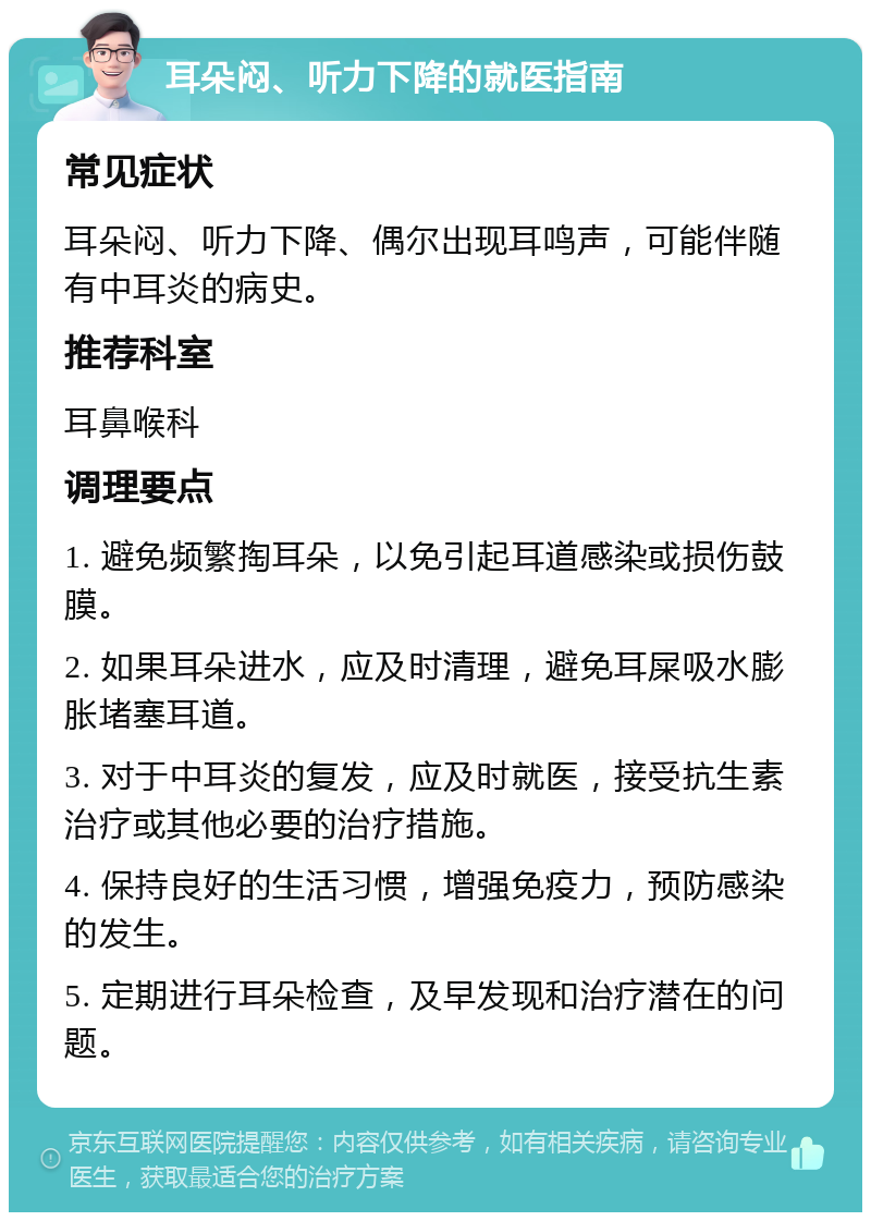 耳朵闷、听力下降的就医指南 常见症状 耳朵闷、听力下降、偶尔出现耳鸣声，可能伴随有中耳炎的病史。 推荐科室 耳鼻喉科 调理要点 1. 避免频繁掏耳朵，以免引起耳道感染或损伤鼓膜。 2. 如果耳朵进水，应及时清理，避免耳屎吸水膨胀堵塞耳道。 3. 对于中耳炎的复发，应及时就医，接受抗生素治疗或其他必要的治疗措施。 4. 保持良好的生活习惯，增强免疫力，预防感染的发生。 5. 定期进行耳朵检查，及早发现和治疗潜在的问题。