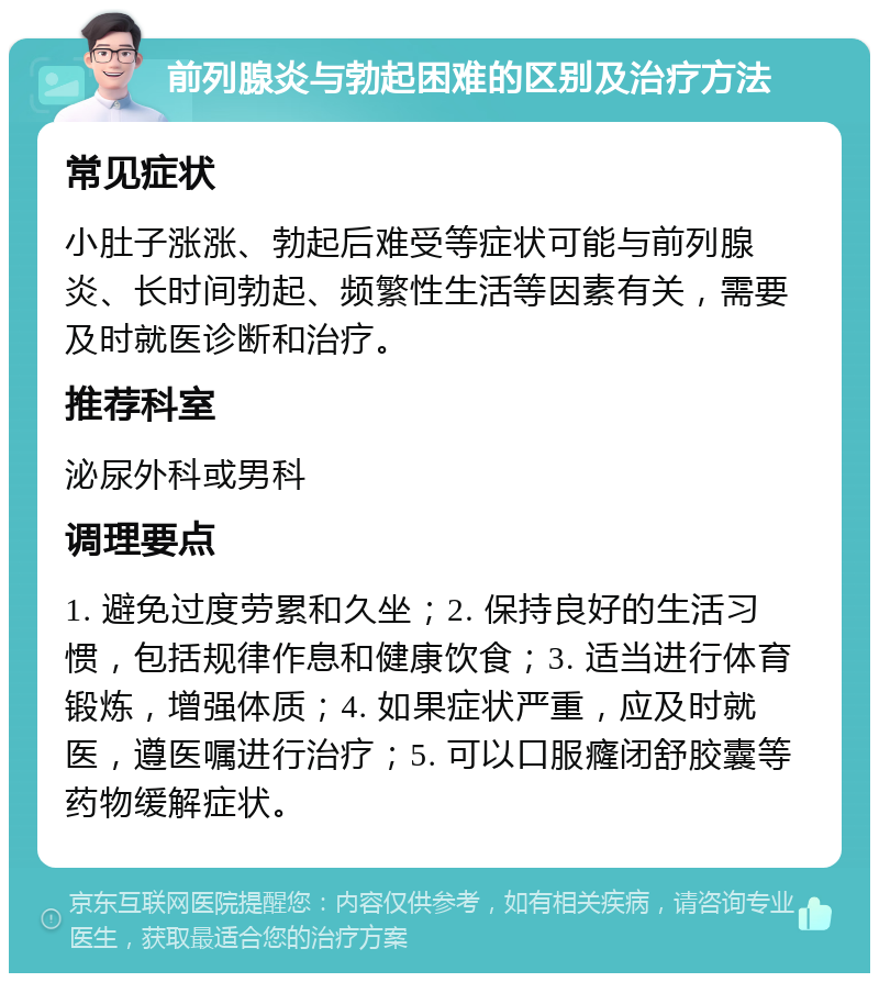 前列腺炎与勃起困难的区别及治疗方法 常见症状 小肚子涨涨、勃起后难受等症状可能与前列腺炎、长时间勃起、频繁性生活等因素有关，需要及时就医诊断和治疗。 推荐科室 泌尿外科或男科 调理要点 1. 避免过度劳累和久坐；2. 保持良好的生活习惯，包括规律作息和健康饮食；3. 适当进行体育锻炼，增强体质；4. 如果症状严重，应及时就医，遵医嘱进行治疗；5. 可以口服癃闭舒胶囊等药物缓解症状。