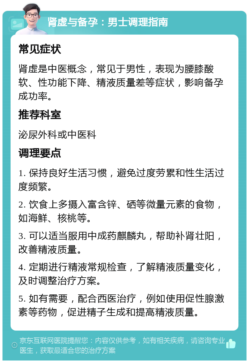 肾虚与备孕：男士调理指南 常见症状 肾虚是中医概念，常见于男性，表现为腰膝酸软、性功能下降、精液质量差等症状，影响备孕成功率。 推荐科室 泌尿外科或中医科 调理要点 1. 保持良好生活习惯，避免过度劳累和性生活过度频繁。 2. 饮食上多摄入富含锌、硒等微量元素的食物，如海鲜、核桃等。 3. 可以适当服用中成药麒麟丸，帮助补肾壮阳，改善精液质量。 4. 定期进行精液常规检查，了解精液质量变化，及时调整治疗方案。 5. 如有需要，配合西医治疗，例如使用促性腺激素等药物，促进精子生成和提高精液质量。