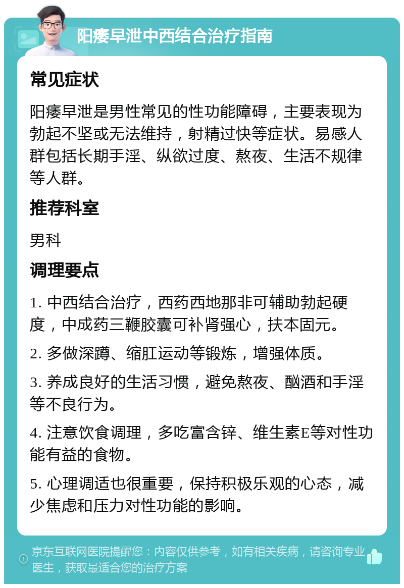 阳痿早泄中西结合治疗指南 常见症状 阳痿早泄是男性常见的性功能障碍，主要表现为勃起不坚或无法维持，射精过快等症状。易感人群包括长期手淫、纵欲过度、熬夜、生活不规律等人群。 推荐科室 男科 调理要点 1. 中西结合治疗，西药西地那非可辅助勃起硬度，中成药三鞭胶囊可补肾强心，扶本固元。 2. 多做深蹲、缩肛运动等锻炼，增强体质。 3. 养成良好的生活习惯，避免熬夜、酗酒和手淫等不良行为。 4. 注意饮食调理，多吃富含锌、维生素E等对性功能有益的食物。 5. 心理调适也很重要，保持积极乐观的心态，减少焦虑和压力对性功能的影响。