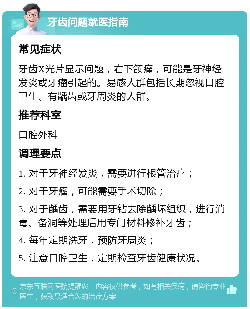 牙齿问题就医指南 常见症状 牙齿X光片显示问题，右下颌痛，可能是牙神经发炎或牙瘤引起的。易感人群包括长期忽视口腔卫生、有龋齿或牙周炎的人群。 推荐科室 口腔外科 调理要点 1. 对于牙神经发炎，需要进行根管治疗； 2. 对于牙瘤，可能需要手术切除； 3. 对于龋齿，需要用牙钻去除龋坏组织，进行消毒、备洞等处理后用专门材料修补牙齿； 4. 每年定期洗牙，预防牙周炎； 5. 注意口腔卫生，定期检查牙齿健康状况。