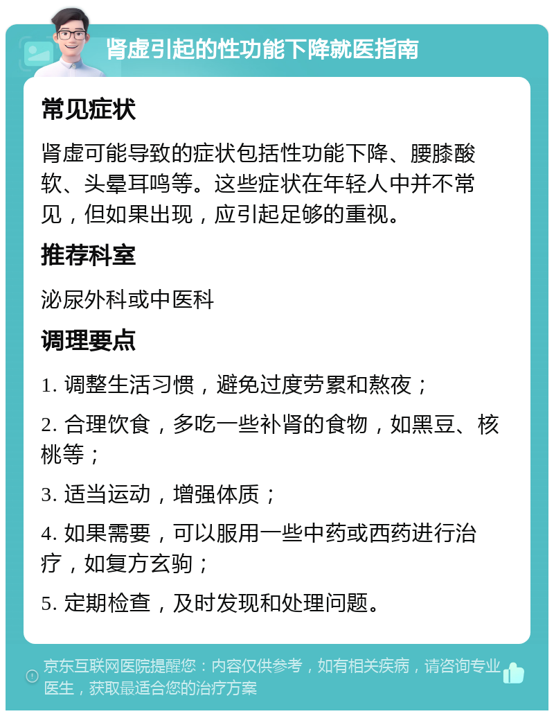 肾虚引起的性功能下降就医指南 常见症状 肾虚可能导致的症状包括性功能下降、腰膝酸软、头晕耳鸣等。这些症状在年轻人中并不常见，但如果出现，应引起足够的重视。 推荐科室 泌尿外科或中医科 调理要点 1. 调整生活习惯，避免过度劳累和熬夜； 2. 合理饮食，多吃一些补肾的食物，如黑豆、核桃等； 3. 适当运动，增强体质； 4. 如果需要，可以服用一些中药或西药进行治疗，如复方玄驹； 5. 定期检查，及时发现和处理问题。