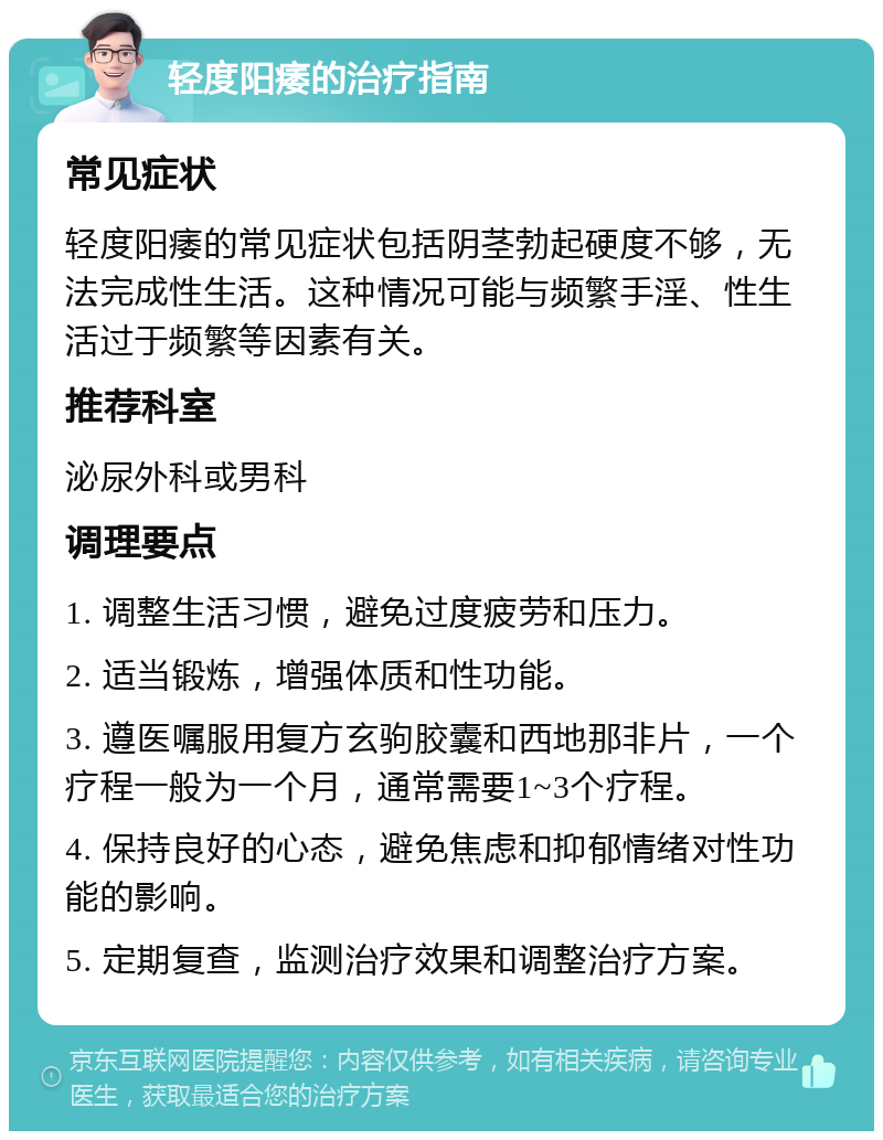 轻度阳痿的治疗指南 常见症状 轻度阳痿的常见症状包括阴茎勃起硬度不够，无法完成性生活。这种情况可能与频繁手淫、性生活过于频繁等因素有关。 推荐科室 泌尿外科或男科 调理要点 1. 调整生活习惯，避免过度疲劳和压力。 2. 适当锻炼，增强体质和性功能。 3. 遵医嘱服用复方玄驹胶囊和西地那非片，一个疗程一般为一个月，通常需要1~3个疗程。 4. 保持良好的心态，避免焦虑和抑郁情绪对性功能的影响。 5. 定期复查，监测治疗效果和调整治疗方案。