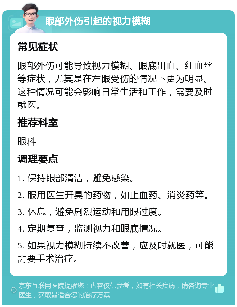 眼部外伤引起的视力模糊 常见症状 眼部外伤可能导致视力模糊、眼底出血、红血丝等症状，尤其是在左眼受伤的情况下更为明显。这种情况可能会影响日常生活和工作，需要及时就医。 推荐科室 眼科 调理要点 1. 保持眼部清洁，避免感染。 2. 服用医生开具的药物，如止血药、消炎药等。 3. 休息，避免剧烈运动和用眼过度。 4. 定期复查，监测视力和眼底情况。 5. 如果视力模糊持续不改善，应及时就医，可能需要手术治疗。