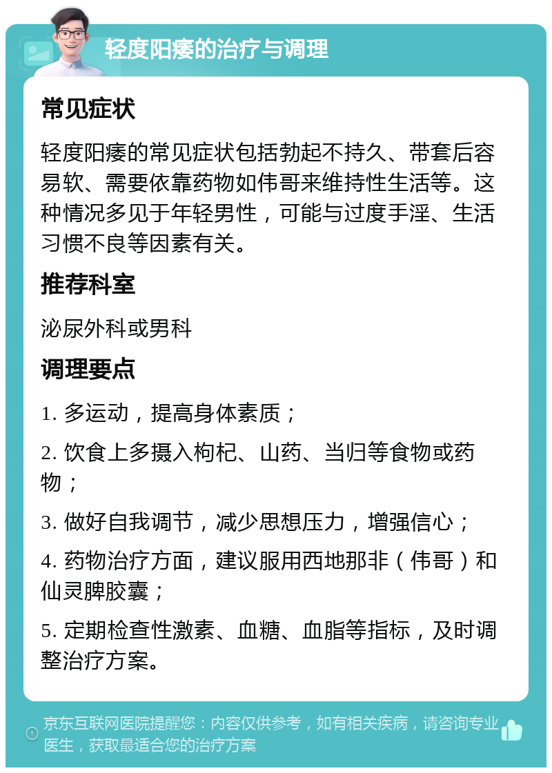 轻度阳痿的治疗与调理 常见症状 轻度阳痿的常见症状包括勃起不持久、带套后容易软、需要依靠药物如伟哥来维持性生活等。这种情况多见于年轻男性，可能与过度手淫、生活习惯不良等因素有关。 推荐科室 泌尿外科或男科 调理要点 1. 多运动，提高身体素质； 2. 饮食上多摄入枸杞、山药、当归等食物或药物； 3. 做好自我调节，减少思想压力，增强信心； 4. 药物治疗方面，建议服用西地那非（伟哥）和仙灵脾胶囊； 5. 定期检查性激素、血糖、血脂等指标，及时调整治疗方案。