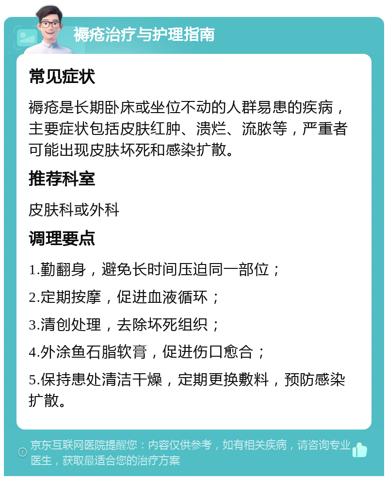 褥疮治疗与护理指南 常见症状 褥疮是长期卧床或坐位不动的人群易患的疾病，主要症状包括皮肤红肿、溃烂、流脓等，严重者可能出现皮肤坏死和感染扩散。 推荐科室 皮肤科或外科 调理要点 1.勤翻身，避免长时间压迫同一部位； 2.定期按摩，促进血液循环； 3.清创处理，去除坏死组织； 4.外涂鱼石脂软膏，促进伤口愈合； 5.保持患处清洁干燥，定期更换敷料，预防感染扩散。