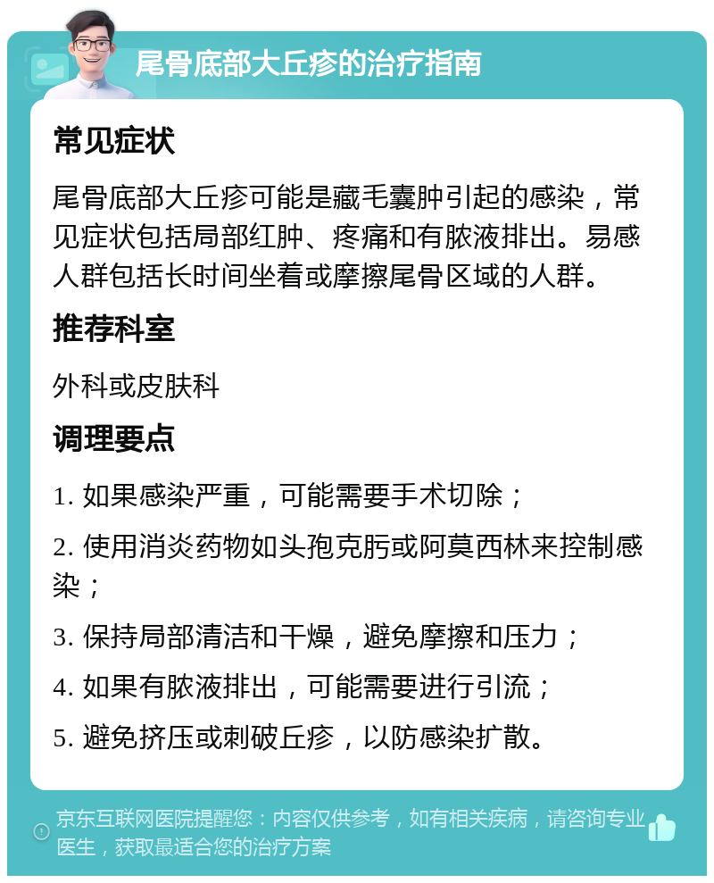 尾骨底部大丘疹的治疗指南 常见症状 尾骨底部大丘疹可能是藏毛囊肿引起的感染，常见症状包括局部红肿、疼痛和有脓液排出。易感人群包括长时间坐着或摩擦尾骨区域的人群。 推荐科室 外科或皮肤科 调理要点 1. 如果感染严重，可能需要手术切除； 2. 使用消炎药物如头孢克肟或阿莫西林来控制感染； 3. 保持局部清洁和干燥，避免摩擦和压力； 4. 如果有脓液排出，可能需要进行引流； 5. 避免挤压或刺破丘疹，以防感染扩散。