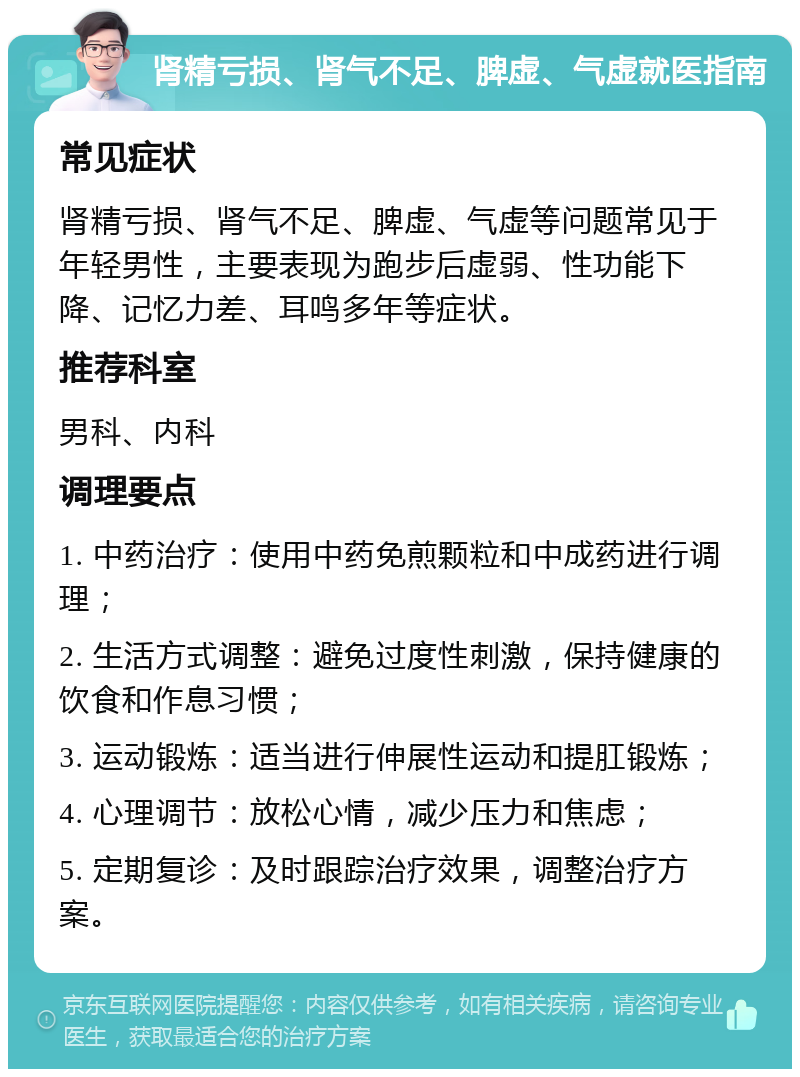 肾精亏损、肾气不足、脾虚、气虚就医指南 常见症状 肾精亏损、肾气不足、脾虚、气虚等问题常见于年轻男性，主要表现为跑步后虚弱、性功能下降、记忆力差、耳鸣多年等症状。 推荐科室 男科、内科 调理要点 1. 中药治疗：使用中药免煎颗粒和中成药进行调理； 2. 生活方式调整：避免过度性刺激，保持健康的饮食和作息习惯； 3. 运动锻炼：适当进行伸展性运动和提肛锻炼； 4. 心理调节：放松心情，减少压力和焦虑； 5. 定期复诊：及时跟踪治疗效果，调整治疗方案。