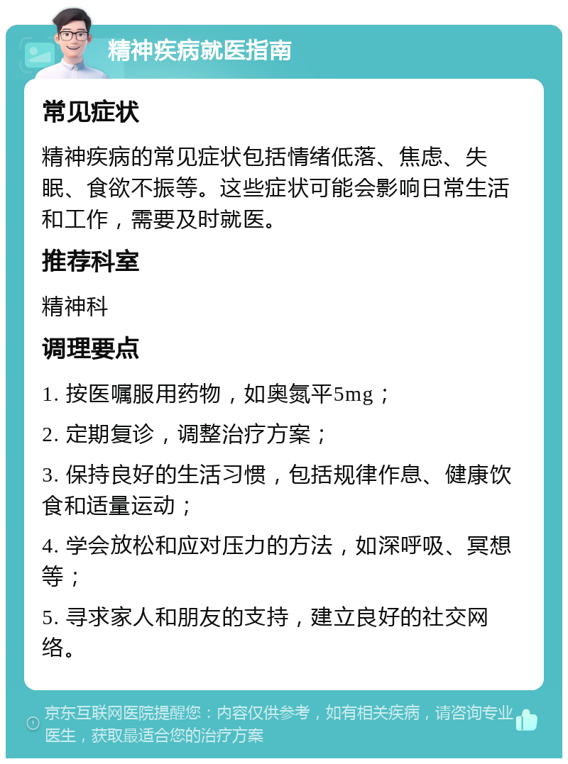 精神疾病就医指南 常见症状 精神疾病的常见症状包括情绪低落、焦虑、失眠、食欲不振等。这些症状可能会影响日常生活和工作，需要及时就医。 推荐科室 精神科 调理要点 1. 按医嘱服用药物，如奥氮平5mg； 2. 定期复诊，调整治疗方案； 3. 保持良好的生活习惯，包括规律作息、健康饮食和适量运动； 4. 学会放松和应对压力的方法，如深呼吸、冥想等； 5. 寻求家人和朋友的支持，建立良好的社交网络。