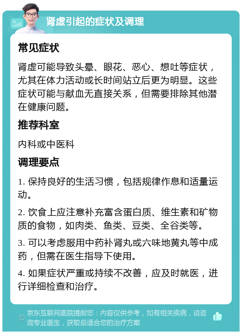 肾虚引起的症状及调理 常见症状 肾虚可能导致头晕、眼花、恶心、想吐等症状，尤其在体力活动或长时间站立后更为明显。这些症状可能与献血无直接关系，但需要排除其他潜在健康问题。 推荐科室 内科或中医科 调理要点 1. 保持良好的生活习惯，包括规律作息和适量运动。 2. 饮食上应注意补充富含蛋白质、维生素和矿物质的食物，如肉类、鱼类、豆类、全谷类等。 3. 可以考虑服用中药补肾丸或六味地黄丸等中成药，但需在医生指导下使用。 4. 如果症状严重或持续不改善，应及时就医，进行详细检查和治疗。