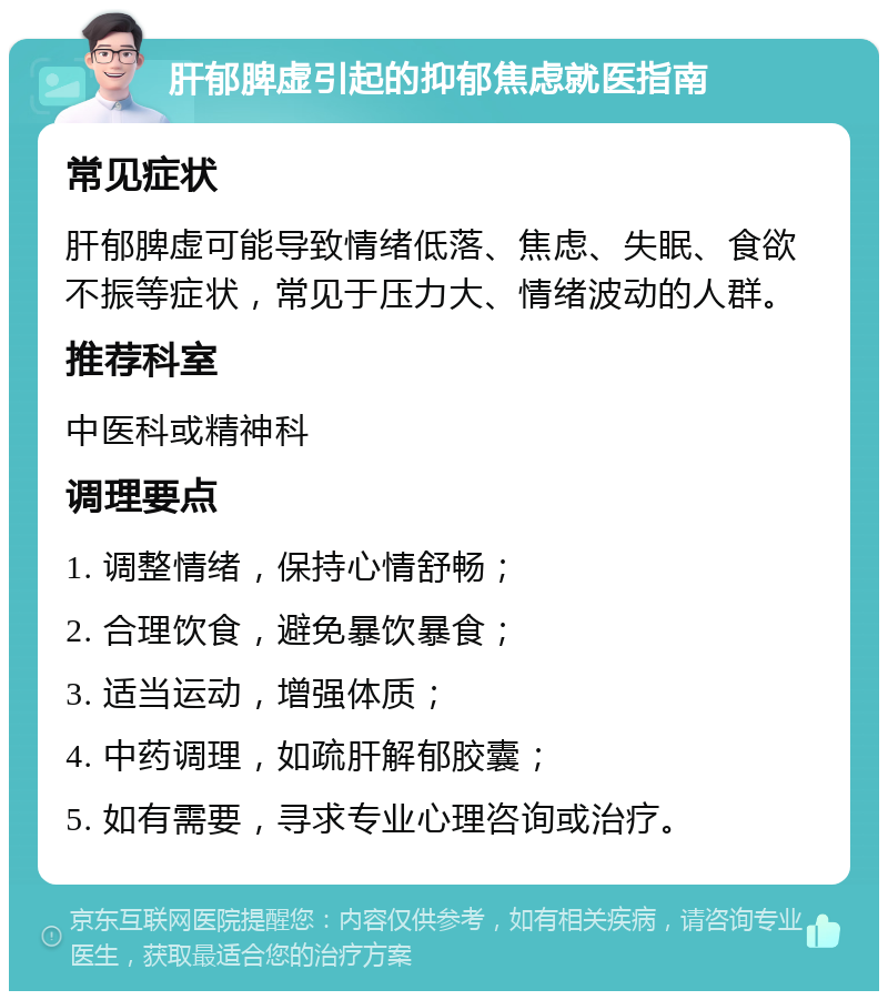 肝郁脾虚引起的抑郁焦虑就医指南 常见症状 肝郁脾虚可能导致情绪低落、焦虑、失眠、食欲不振等症状，常见于压力大、情绪波动的人群。 推荐科室 中医科或精神科 调理要点 1. 调整情绪，保持心情舒畅； 2. 合理饮食，避免暴饮暴食； 3. 适当运动，增强体质； 4. 中药调理，如疏肝解郁胶囊； 5. 如有需要，寻求专业心理咨询或治疗。