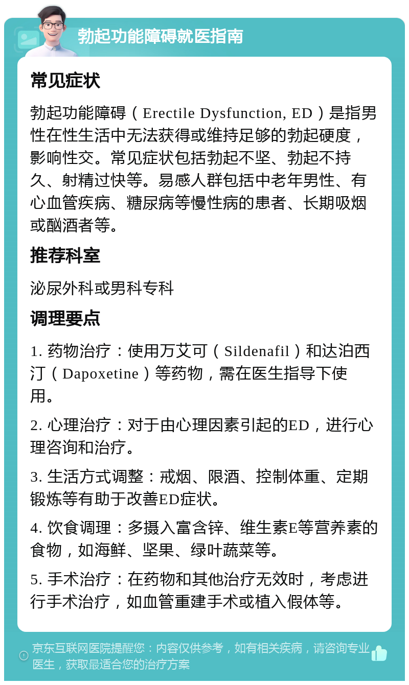 勃起功能障碍就医指南 常见症状 勃起功能障碍（Erectile Dysfunction, ED）是指男性在性生活中无法获得或维持足够的勃起硬度，影响性交。常见症状包括勃起不坚、勃起不持久、射精过快等。易感人群包括中老年男性、有心血管疾病、糖尿病等慢性病的患者、长期吸烟或酗酒者等。 推荐科室 泌尿外科或男科专科 调理要点 1. 药物治疗：使用万艾可（Sildenafil）和达泊西汀（Dapoxetine）等药物，需在医生指导下使用。 2. 心理治疗：对于由心理因素引起的ED，进行心理咨询和治疗。 3. 生活方式调整：戒烟、限酒、控制体重、定期锻炼等有助于改善ED症状。 4. 饮食调理：多摄入富含锌、维生素E等营养素的食物，如海鲜、坚果、绿叶蔬菜等。 5. 手术治疗：在药物和其他治疗无效时，考虑进行手术治疗，如血管重建手术或植入假体等。