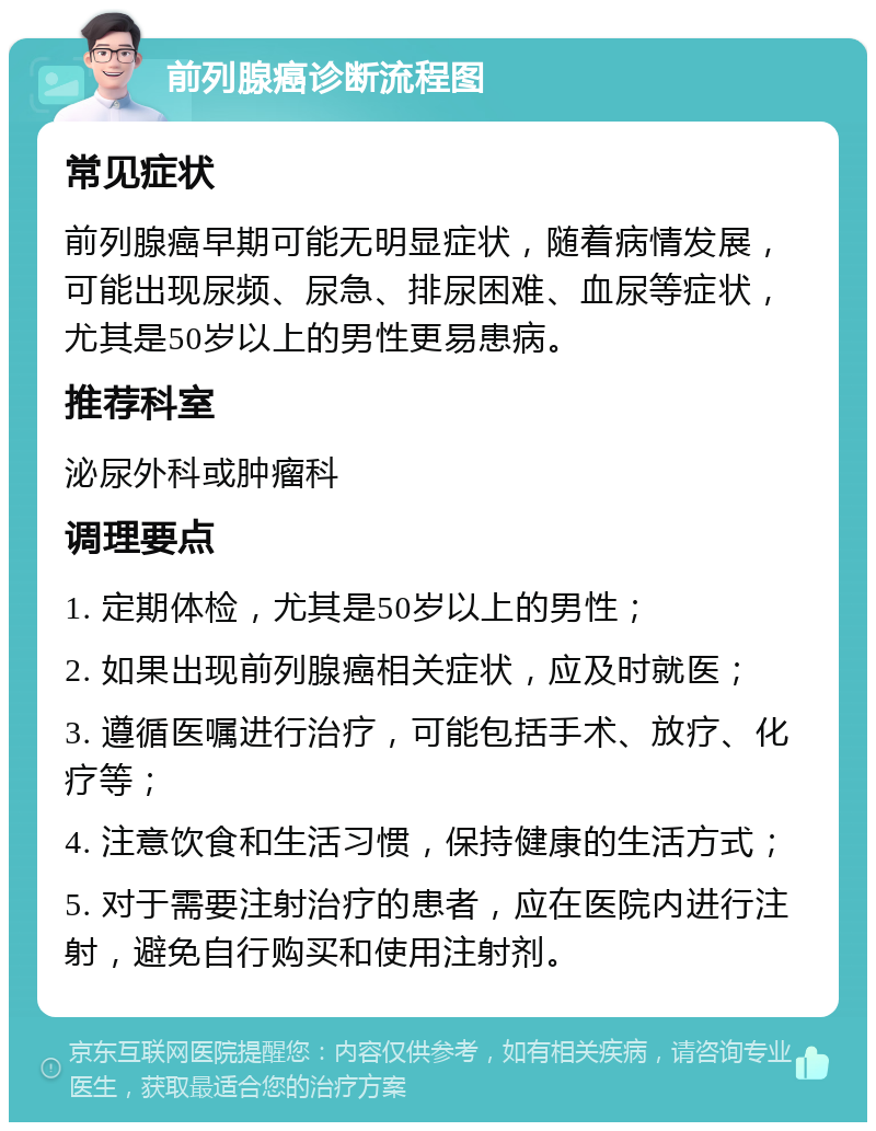 前列腺癌诊断流程图 常见症状 前列腺癌早期可能无明显症状，随着病情发展，可能出现尿频、尿急、排尿困难、血尿等症状，尤其是50岁以上的男性更易患病。 推荐科室 泌尿外科或肿瘤科 调理要点 1. 定期体检，尤其是50岁以上的男性； 2. 如果出现前列腺癌相关症状，应及时就医； 3. 遵循医嘱进行治疗，可能包括手术、放疗、化疗等； 4. 注意饮食和生活习惯，保持健康的生活方式； 5. 对于需要注射治疗的患者，应在医院内进行注射，避免自行购买和使用注射剂。