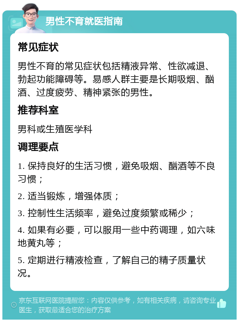 男性不育就医指南 常见症状 男性不育的常见症状包括精液异常、性欲减退、勃起功能障碍等。易感人群主要是长期吸烟、酗酒、过度疲劳、精神紧张的男性。 推荐科室 男科或生殖医学科 调理要点 1. 保持良好的生活习惯，避免吸烟、酗酒等不良习惯； 2. 适当锻炼，增强体质； 3. 控制性生活频率，避免过度频繁或稀少； 4. 如果有必要，可以服用一些中药调理，如六味地黄丸等； 5. 定期进行精液检查，了解自己的精子质量状况。