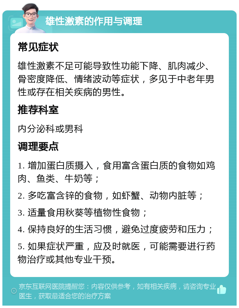 雄性激素的作用与调理 常见症状 雄性激素不足可能导致性功能下降、肌肉减少、骨密度降低、情绪波动等症状，多见于中老年男性或存在相关疾病的男性。 推荐科室 内分泌科或男科 调理要点 1. 增加蛋白质摄入，食用富含蛋白质的食物如鸡肉、鱼类、牛奶等； 2. 多吃富含锌的食物，如虾蟹、动物内脏等； 3. 适量食用秋葵等植物性食物； 4. 保持良好的生活习惯，避免过度疲劳和压力； 5. 如果症状严重，应及时就医，可能需要进行药物治疗或其他专业干预。