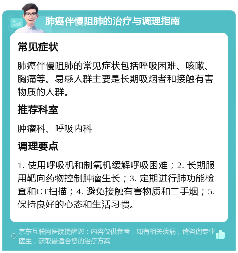 肺癌伴慢阻肺的治疗与调理指南 常见症状 肺癌伴慢阻肺的常见症状包括呼吸困难、咳嗽、胸痛等。易感人群主要是长期吸烟者和接触有害物质的人群。 推荐科室 肿瘤科、呼吸内科 调理要点 1. 使用呼吸机和制氧机缓解呼吸困难；2. 长期服用靶向药物控制肿瘤生长；3. 定期进行肺功能检查和CT扫描；4. 避免接触有害物质和二手烟；5. 保持良好的心态和生活习惯。