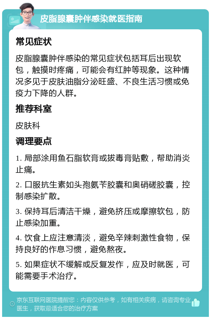 皮脂腺囊肿伴感染就医指南 常见症状 皮脂腺囊肿伴感染的常见症状包括耳后出现软包，触摸时疼痛，可能会有红肿等现象。这种情况多见于皮肤油脂分泌旺盛、不良生活习惯或免疫力下降的人群。 推荐科室 皮肤科 调理要点 1. 局部涂用鱼石脂软膏或拔毒膏贴敷，帮助消炎止痛。 2. 口服抗生素如头孢氨苄胶囊和奥硝磋胶囊，控制感染扩散。 3. 保持耳后清洁干燥，避免挤压或摩擦软包，防止感染加重。 4. 饮食上应注意清淡，避免辛辣刺激性食物，保持良好的作息习惯，避免熬夜。 5. 如果症状不缓解或反复发作，应及时就医，可能需要手术治疗。