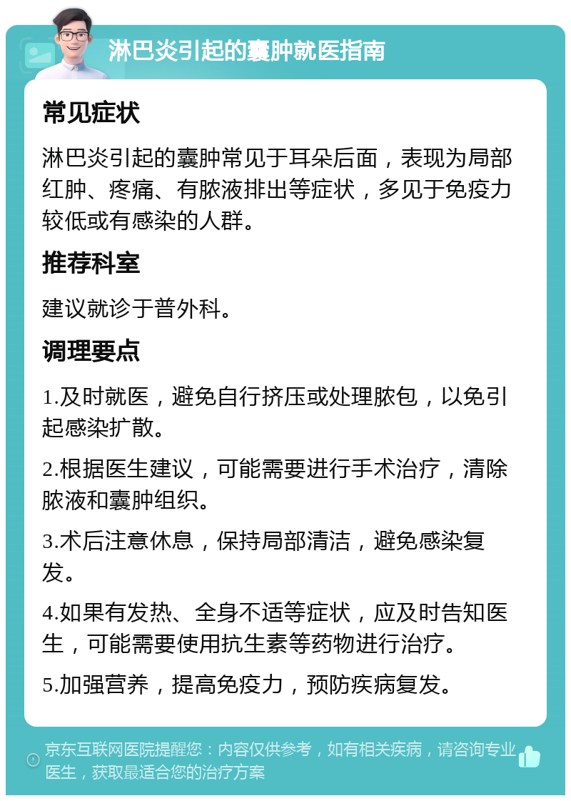 淋巴炎引起的囊肿就医指南 常见症状 淋巴炎引起的囊肿常见于耳朵后面，表现为局部红肿、疼痛、有脓液排出等症状，多见于免疫力较低或有感染的人群。 推荐科室 建议就诊于普外科。 调理要点 1.及时就医，避免自行挤压或处理脓包，以免引起感染扩散。 2.根据医生建议，可能需要进行手术治疗，清除脓液和囊肿组织。 3.术后注意休息，保持局部清洁，避免感染复发。 4.如果有发热、全身不适等症状，应及时告知医生，可能需要使用抗生素等药物进行治疗。 5.加强营养，提高免疫力，预防疾病复发。