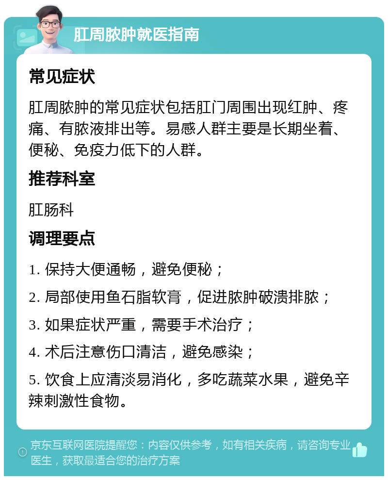 肛周脓肿就医指南 常见症状 肛周脓肿的常见症状包括肛门周围出现红肿、疼痛、有脓液排出等。易感人群主要是长期坐着、便秘、免疫力低下的人群。 推荐科室 肛肠科 调理要点 1. 保持大便通畅，避免便秘； 2. 局部使用鱼石脂软膏，促进脓肿破溃排脓； 3. 如果症状严重，需要手术治疗； 4. 术后注意伤口清洁，避免感染； 5. 饮食上应清淡易消化，多吃蔬菜水果，避免辛辣刺激性食物。