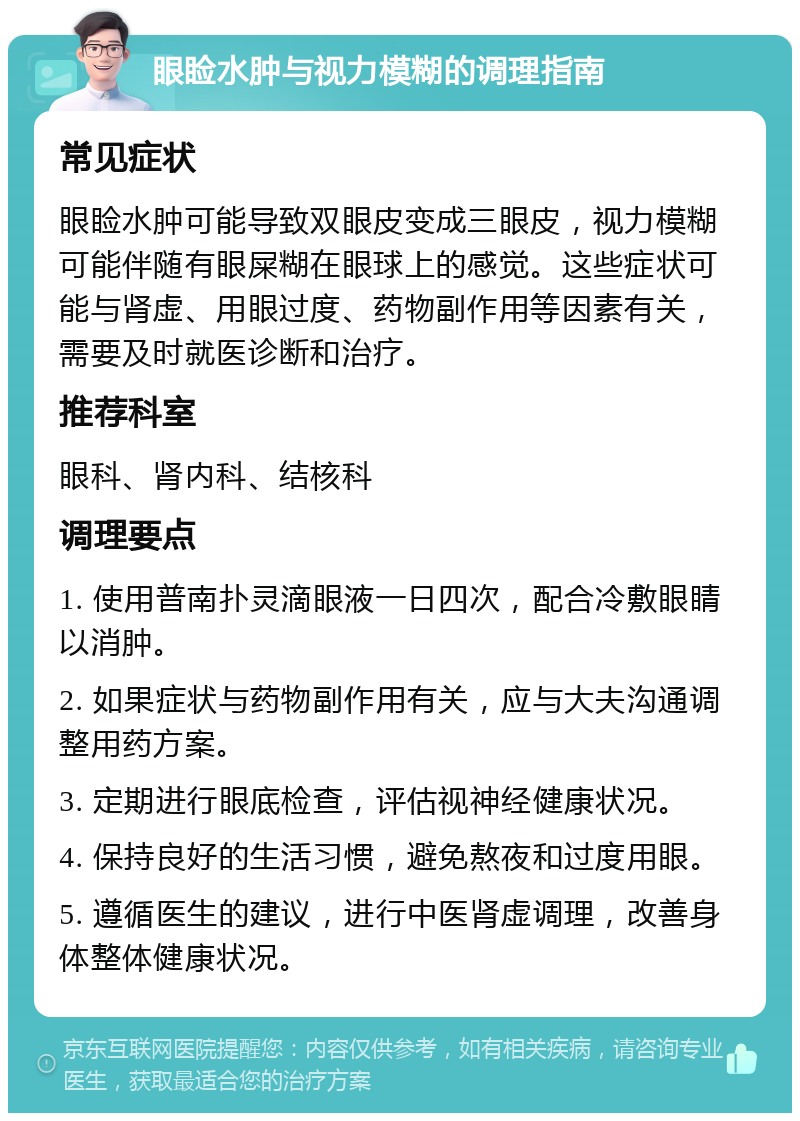 眼睑水肿与视力模糊的调理指南 常见症状 眼睑水肿可能导致双眼皮变成三眼皮，视力模糊可能伴随有眼屎糊在眼球上的感觉。这些症状可能与肾虚、用眼过度、药物副作用等因素有关，需要及时就医诊断和治疗。 推荐科室 眼科、肾内科、结核科 调理要点 1. 使用普南扑灵滴眼液一日四次，配合冷敷眼睛以消肿。 2. 如果症状与药物副作用有关，应与大夫沟通调整用药方案。 3. 定期进行眼底检查，评估视神经健康状况。 4. 保持良好的生活习惯，避免熬夜和过度用眼。 5. 遵循医生的建议，进行中医肾虚调理，改善身体整体健康状况。