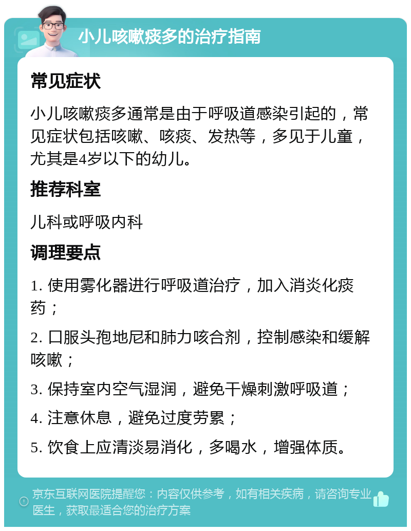 小儿咳嗽痰多的治疗指南 常见症状 小儿咳嗽痰多通常是由于呼吸道感染引起的，常见症状包括咳嗽、咳痰、发热等，多见于儿童，尤其是4岁以下的幼儿。 推荐科室 儿科或呼吸内科 调理要点 1. 使用雾化器进行呼吸道治疗，加入消炎化痰药； 2. 口服头孢地尼和肺力咳合剂，控制感染和缓解咳嗽； 3. 保持室内空气湿润，避免干燥刺激呼吸道； 4. 注意休息，避免过度劳累； 5. 饮食上应清淡易消化，多喝水，增强体质。