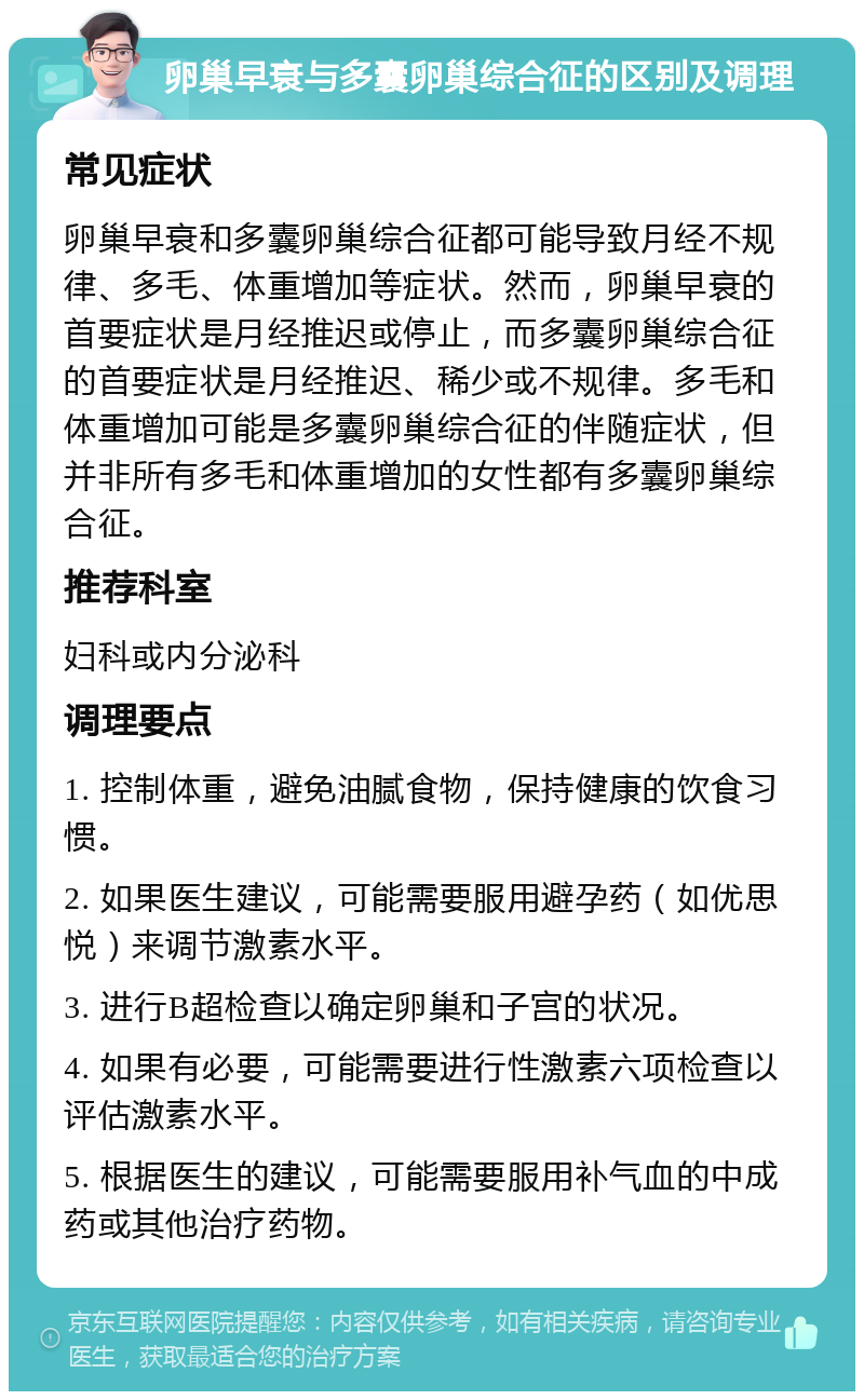 卵巢早衰与多囊卵巢综合征的区别及调理 常见症状 卵巢早衰和多囊卵巢综合征都可能导致月经不规律、多毛、体重增加等症状。然而，卵巢早衰的首要症状是月经推迟或停止，而多囊卵巢综合征的首要症状是月经推迟、稀少或不规律。多毛和体重增加可能是多囊卵巢综合征的伴随症状，但并非所有多毛和体重增加的女性都有多囊卵巢综合征。 推荐科室 妇科或内分泌科 调理要点 1. 控制体重，避免油腻食物，保持健康的饮食习惯。 2. 如果医生建议，可能需要服用避孕药（如优思悦）来调节激素水平。 3. 进行B超检查以确定卵巢和子宫的状况。 4. 如果有必要，可能需要进行性激素六项检查以评估激素水平。 5. 根据医生的建议，可能需要服用补气血的中成药或其他治疗药物。