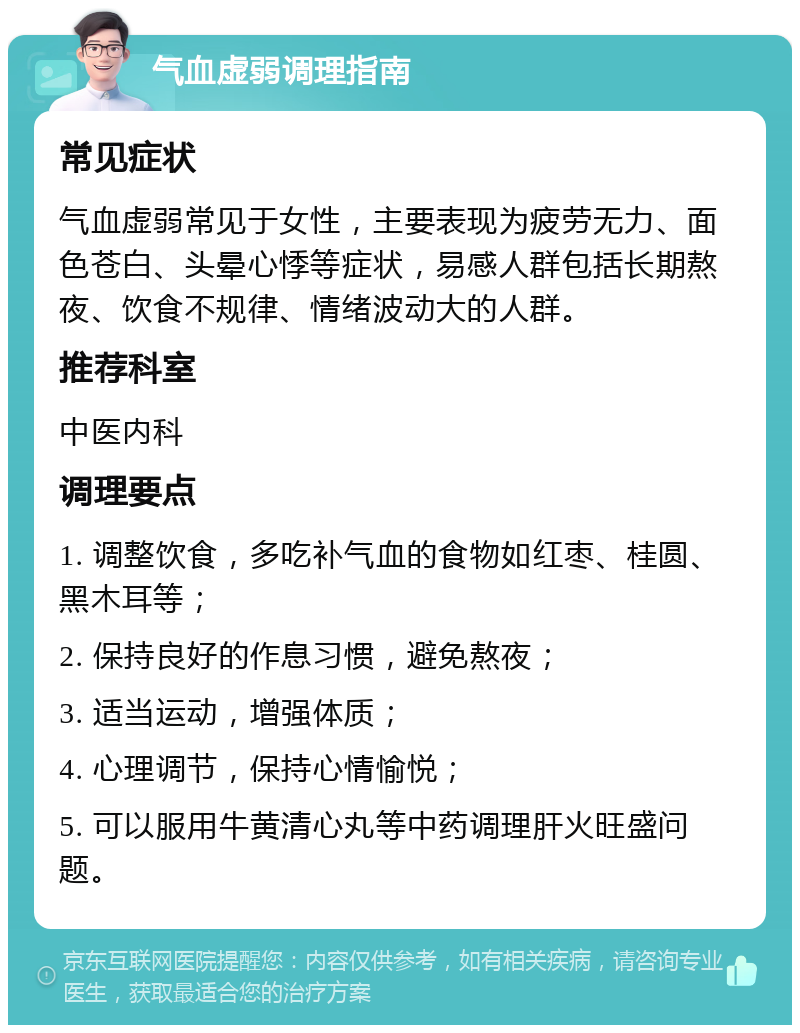 气血虚弱调理指南 常见症状 气血虚弱常见于女性，主要表现为疲劳无力、面色苍白、头晕心悸等症状，易感人群包括长期熬夜、饮食不规律、情绪波动大的人群。 推荐科室 中医内科 调理要点 1. 调整饮食，多吃补气血的食物如红枣、桂圆、黑木耳等； 2. 保持良好的作息习惯，避免熬夜； 3. 适当运动，增强体质； 4. 心理调节，保持心情愉悦； 5. 可以服用牛黄清心丸等中药调理肝火旺盛问题。