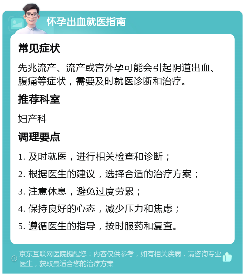 怀孕出血就医指南 常见症状 先兆流产、流产或宫外孕可能会引起阴道出血、腹痛等症状，需要及时就医诊断和治疗。 推荐科室 妇产科 调理要点 1. 及时就医，进行相关检查和诊断； 2. 根据医生的建议，选择合适的治疗方案； 3. 注意休息，避免过度劳累； 4. 保持良好的心态，减少压力和焦虑； 5. 遵循医生的指导，按时服药和复查。