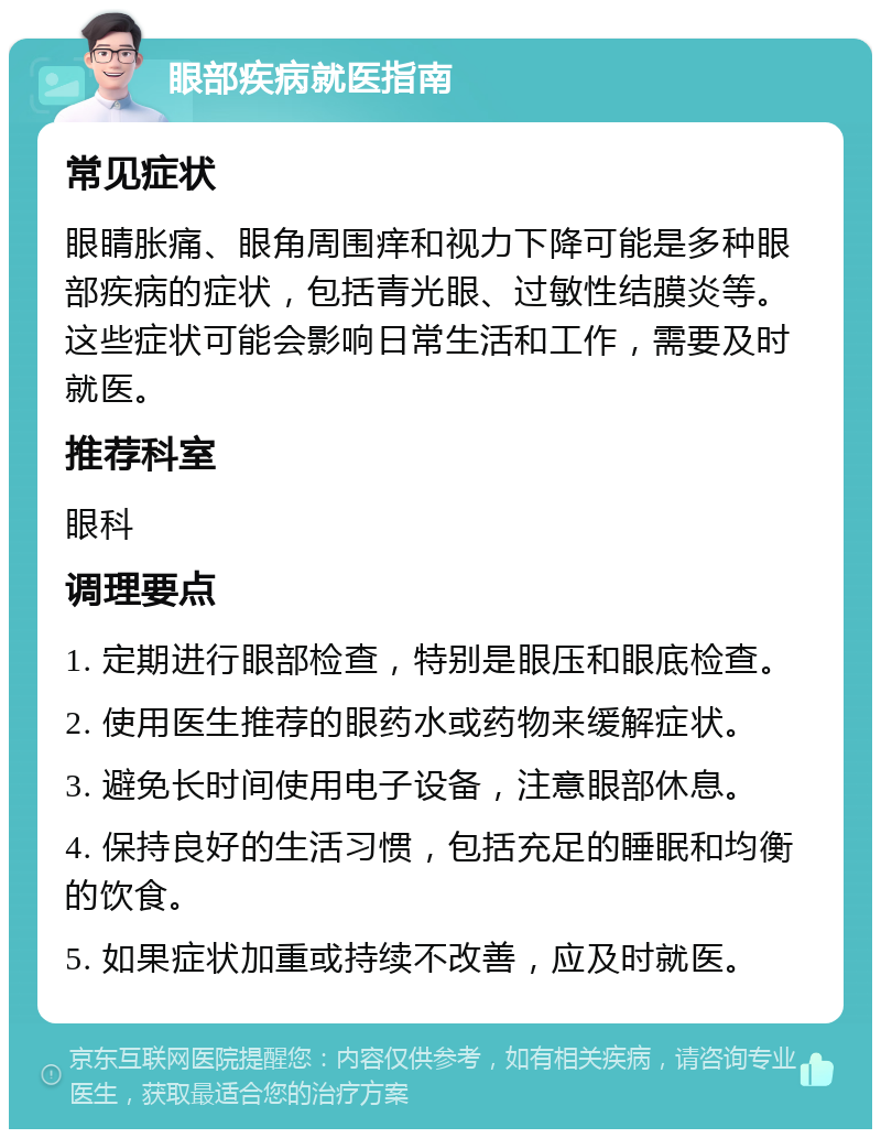 眼部疾病就医指南 常见症状 眼睛胀痛、眼角周围痒和视力下降可能是多种眼部疾病的症状，包括青光眼、过敏性结膜炎等。这些症状可能会影响日常生活和工作，需要及时就医。 推荐科室 眼科 调理要点 1. 定期进行眼部检查，特别是眼压和眼底检查。 2. 使用医生推荐的眼药水或药物来缓解症状。 3. 避免长时间使用电子设备，注意眼部休息。 4. 保持良好的生活习惯，包括充足的睡眠和均衡的饮食。 5. 如果症状加重或持续不改善，应及时就医。